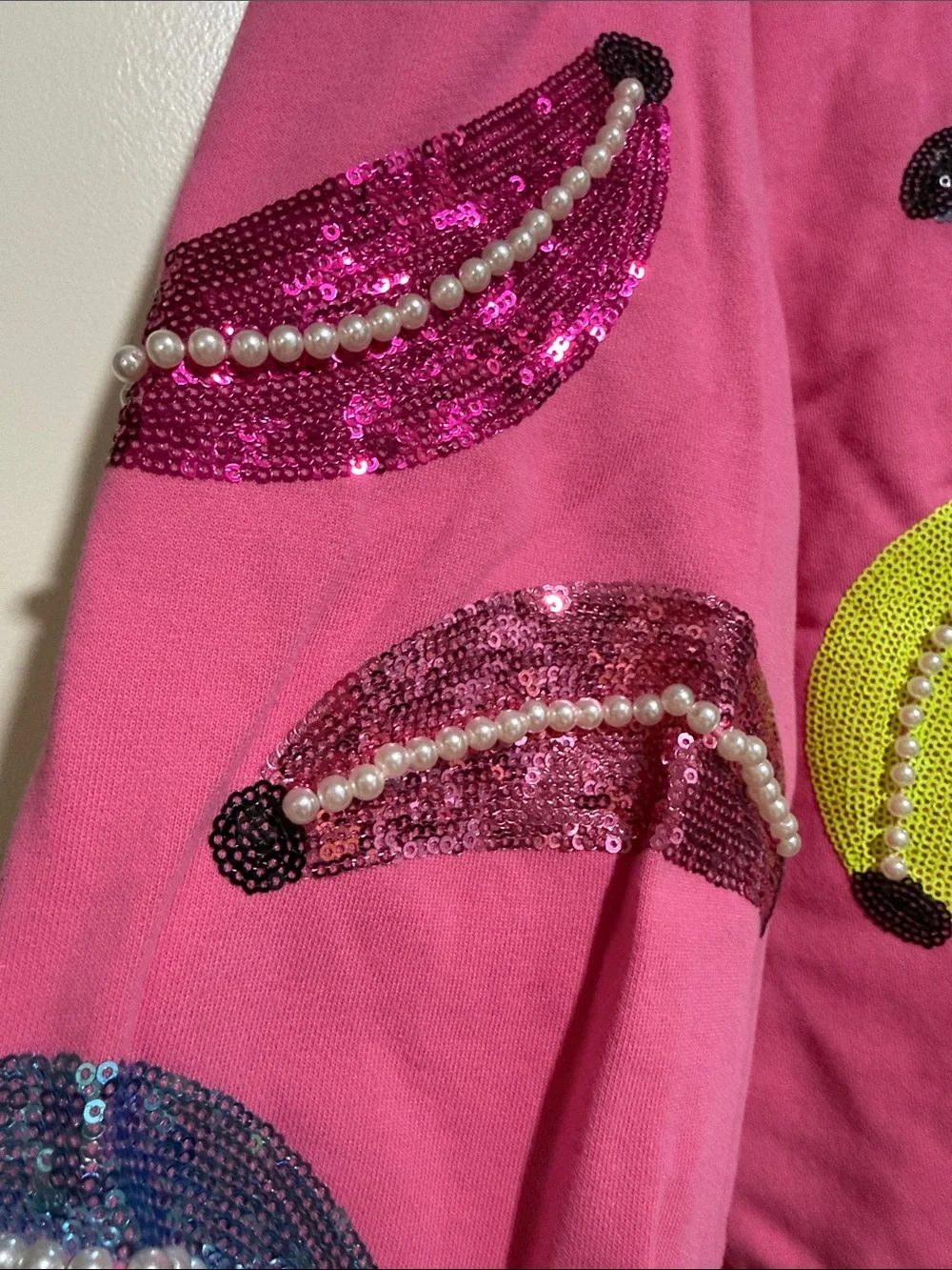 Bright Pink Sequin Banana Appliqué Crewneck Sweatshirt